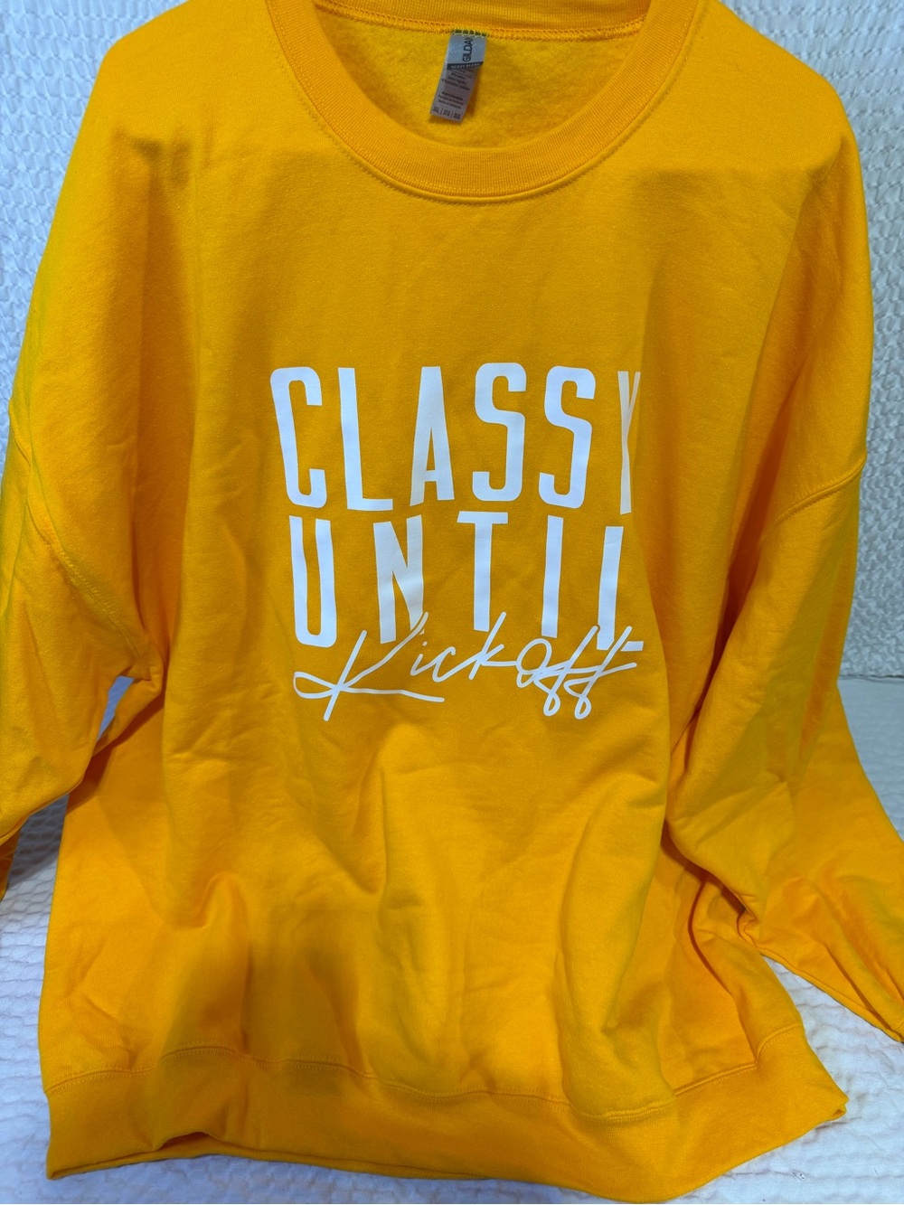 Gildan Yellow Crewneck Sweater with "CLASSY UNTIL Kickoff" Graphic
